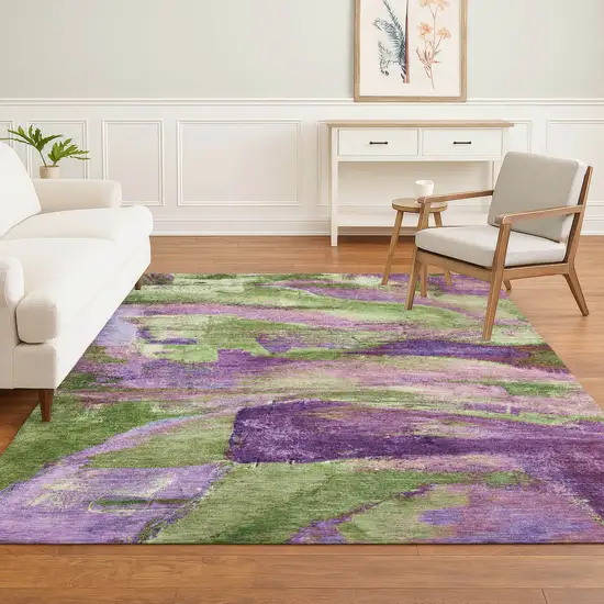 Purple And Green Abstract Washable Area Rug With UV Protection Photo 6