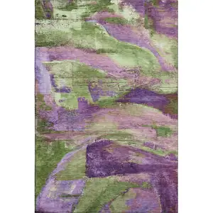 Photo of Purple And Green Abstract Washable Area Rug With UV Protection