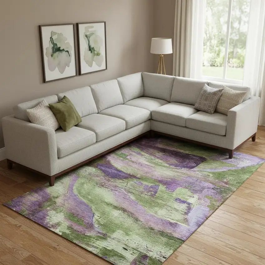 Purple And Green Abstract Washable Area Rug With UV Protection Photo 2