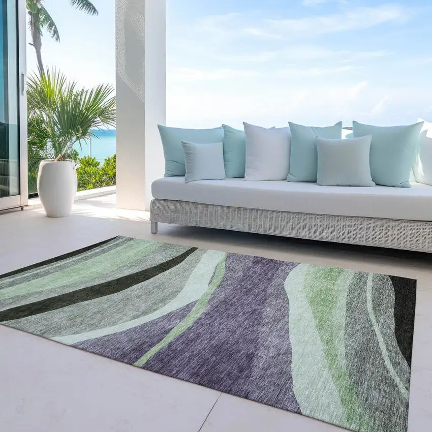Purple And Green Abstract Washable Indoor Outdoor Area Rug Photo 7