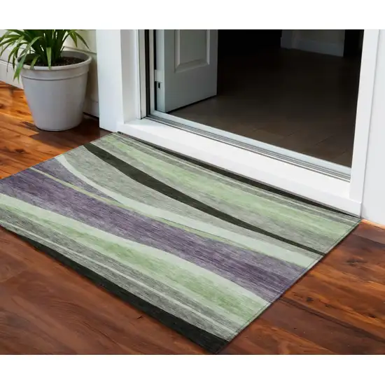 Purple And Green Abstract Washable Indoor Outdoor Area Rug Photo 1