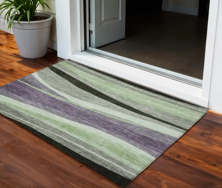 Purple And Green Abstract Washable Indoor Outdoor Area Rug Photo 1