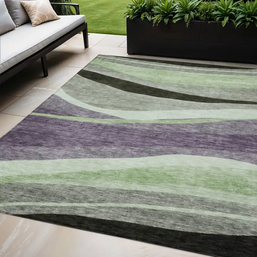 Purple And Green Abstract Washable Indoor Outdoor Area Rug Photo 1