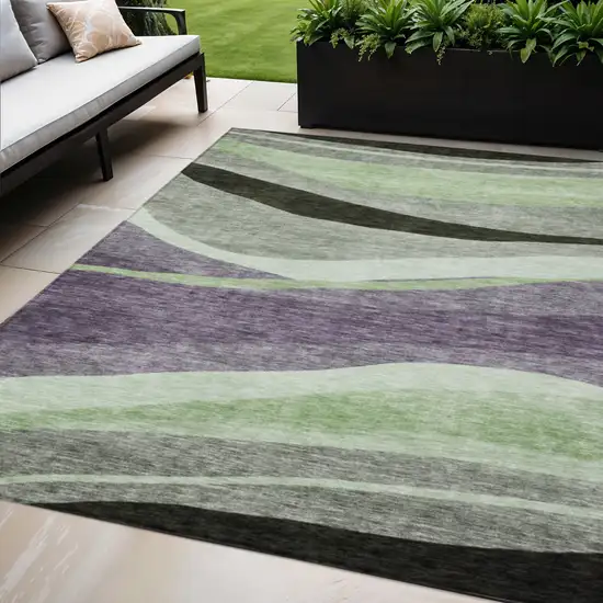 Purple And Green Abstract Washable Indoor Outdoor Area Rug Photo 1