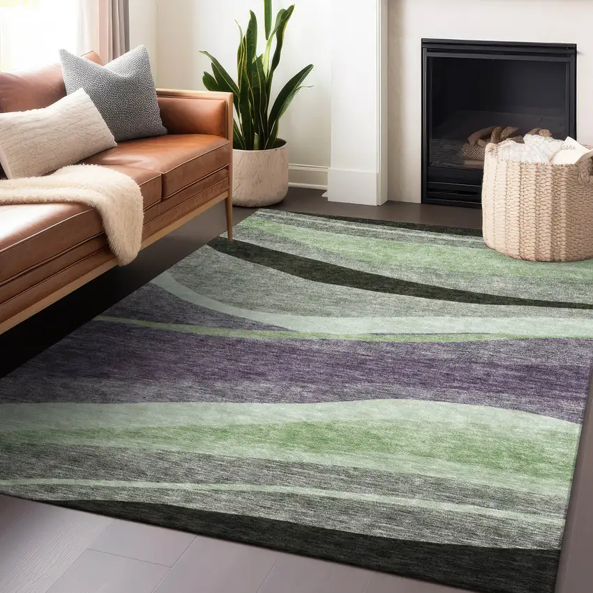 Purple And Green Abstract Washable Indoor Outdoor Area Rug Photo 8