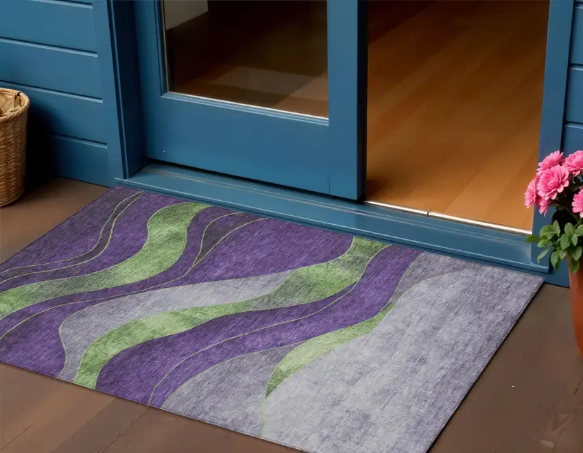 Purple And Green Abstract Washable Indoor Outdoor Area Rug Photo 2