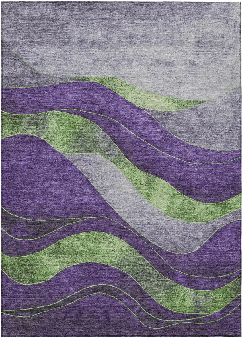 Purple And Green Abstract Washable Indoor Outdoor Area Rug Photo 1