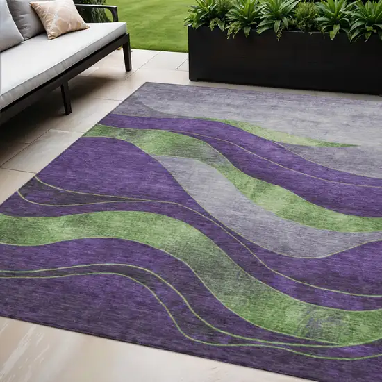 Purple And Green Abstract Washable Indoor Outdoor Area Rug Photo 2