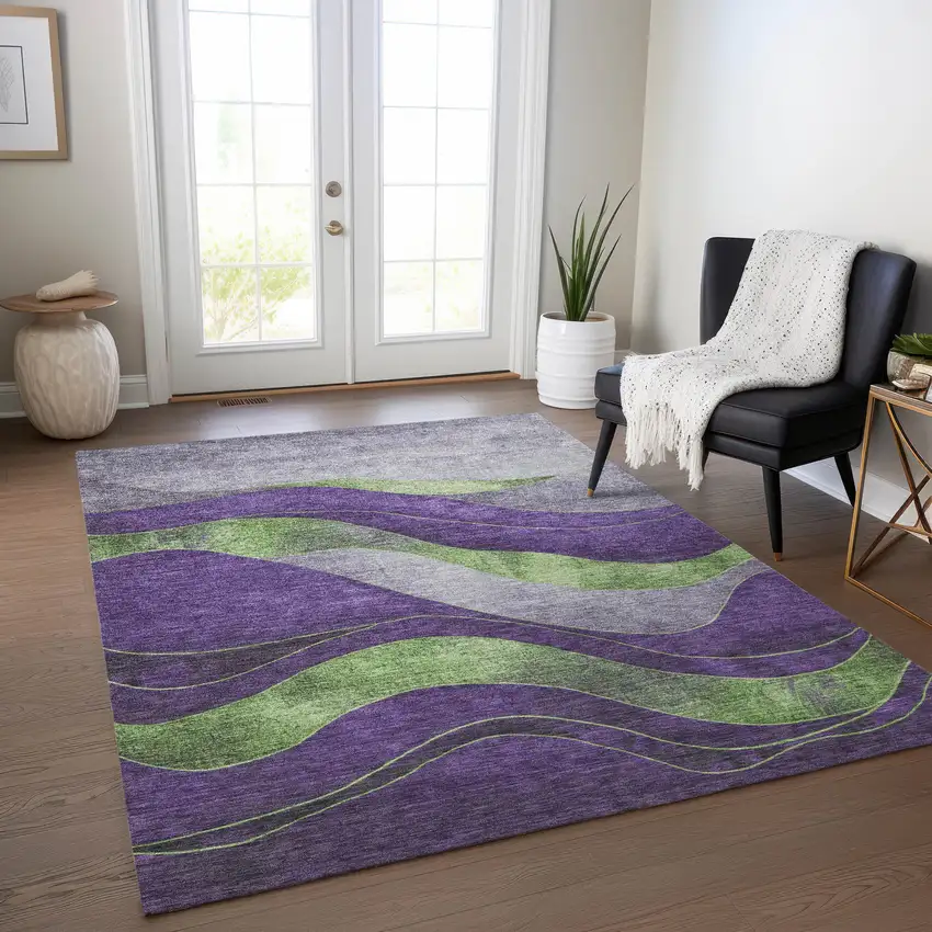 Purple And Green Abstract Washable Indoor Outdoor Area Rug Photo 6