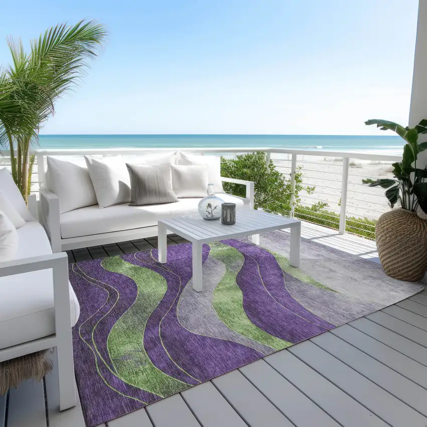 Purple And Green Abstract Washable Indoor Outdoor Area Rug Photo 5