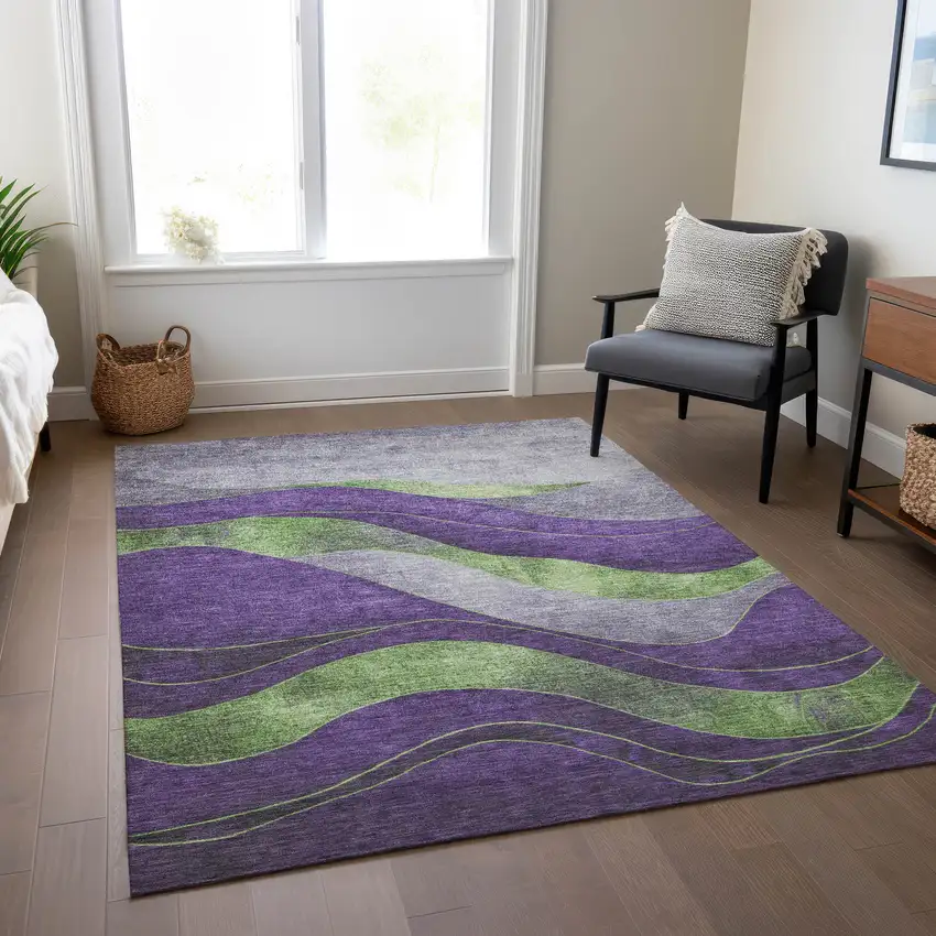 Purple And Green Abstract Washable Indoor Outdoor Area Rug Photo 7