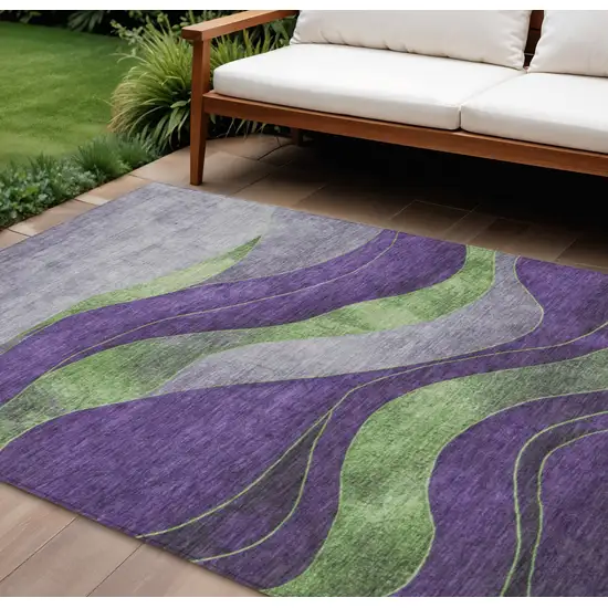 Purple And Green Abstract Washable Indoor Outdoor Area Rug Photo 2
