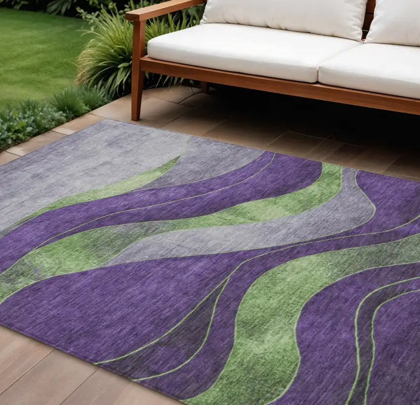 Purple And Green Abstract Washable Indoor Outdoor Area Rug Photo 2