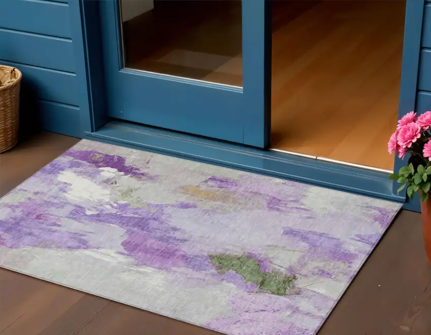 Purple And Green Abstract Washable Indoor Outdoor Area Rug Photo 2