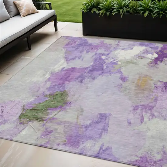 Purple And Green Abstract Washable Indoor Outdoor Area Rug Photo 2