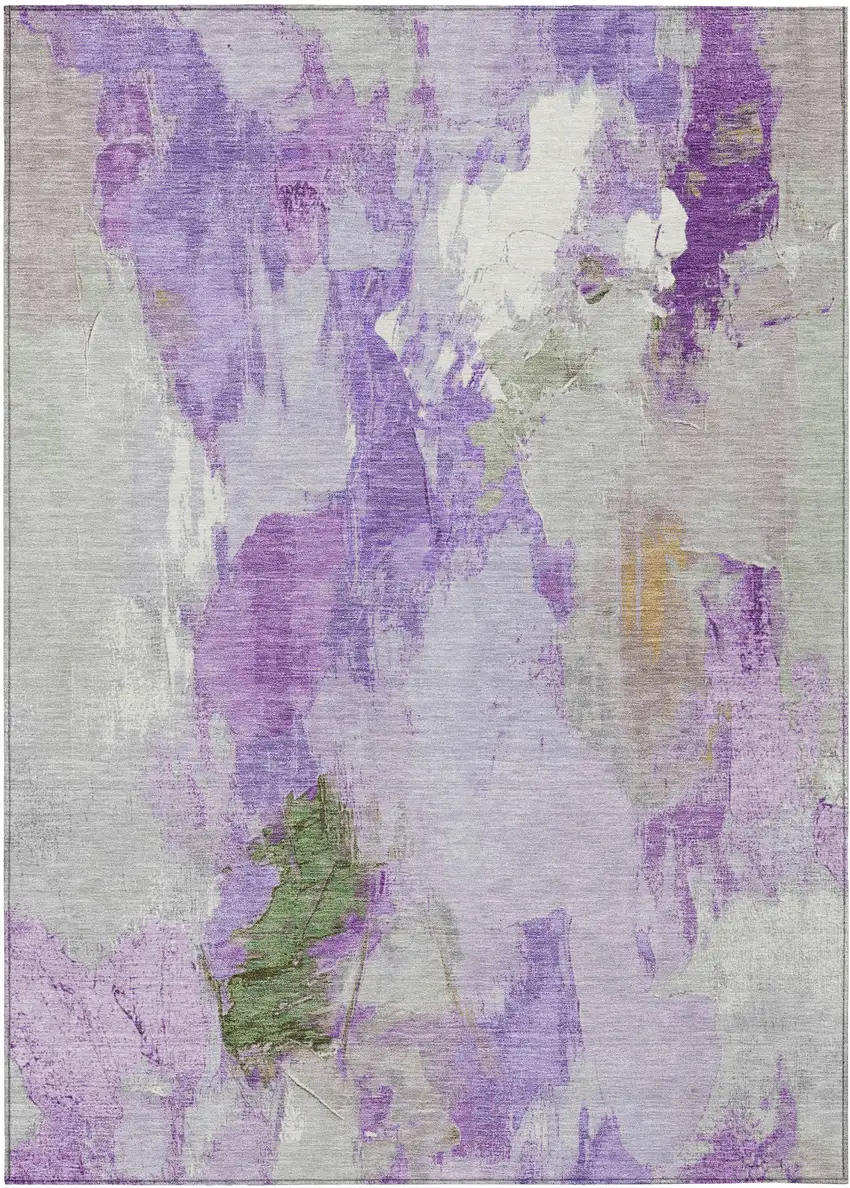 Purple And Green Abstract Washable Indoor Outdoor Area Rug Photo 1
