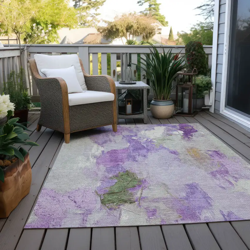 Purple And Green Abstract Washable Indoor Outdoor Area Rug Photo 4