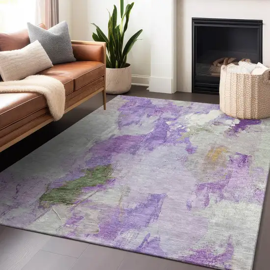 Purple And Green Abstract Washable Indoor Outdoor Area Rug Photo 5