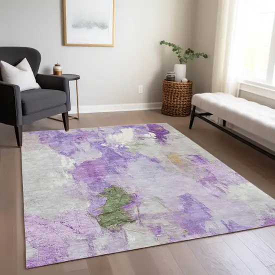 Purple And Green Abstract Washable Indoor Outdoor Area Rug Photo 6