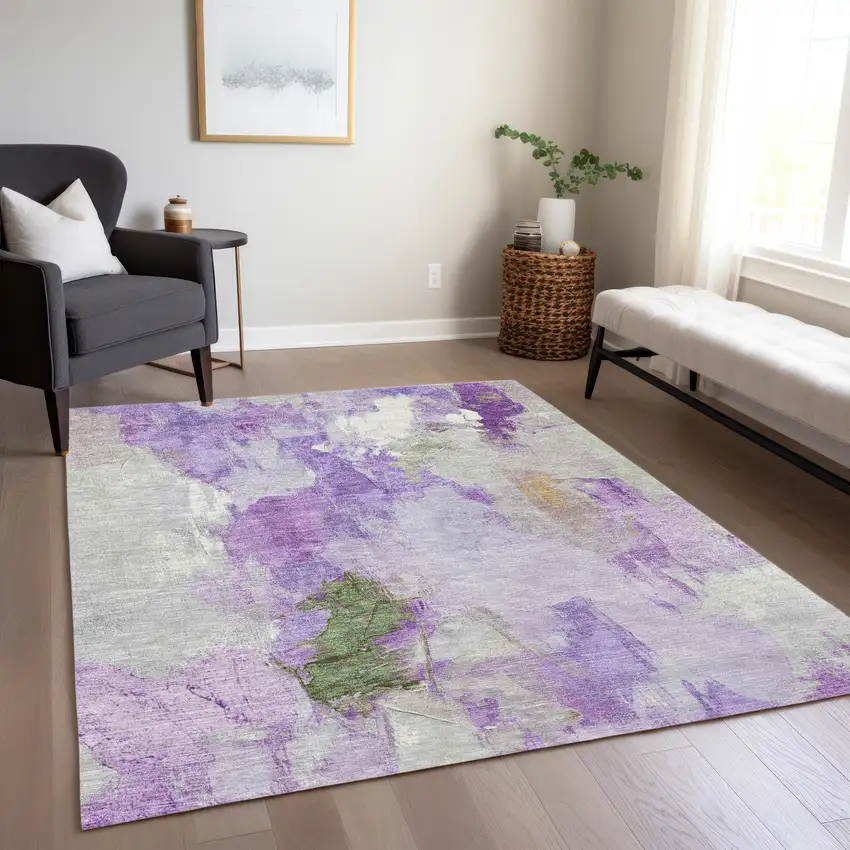 Purple And Green Abstract Washable Indoor Outdoor Area Rug Photo 6