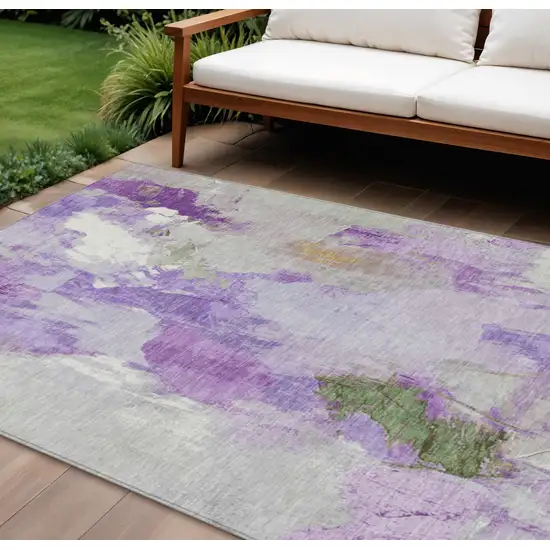 Purple And Green Abstract Washable Indoor Outdoor Area Rug Photo 2