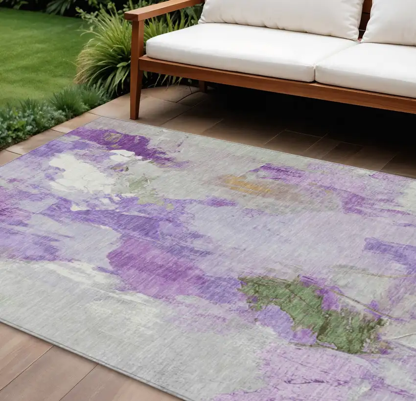 Purple And Green Abstract Washable Indoor Outdoor Area Rug Photo 2