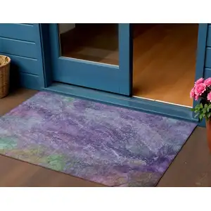 Photo of Purple And Green Abstract Washable Indoor Outdoor Area Rug