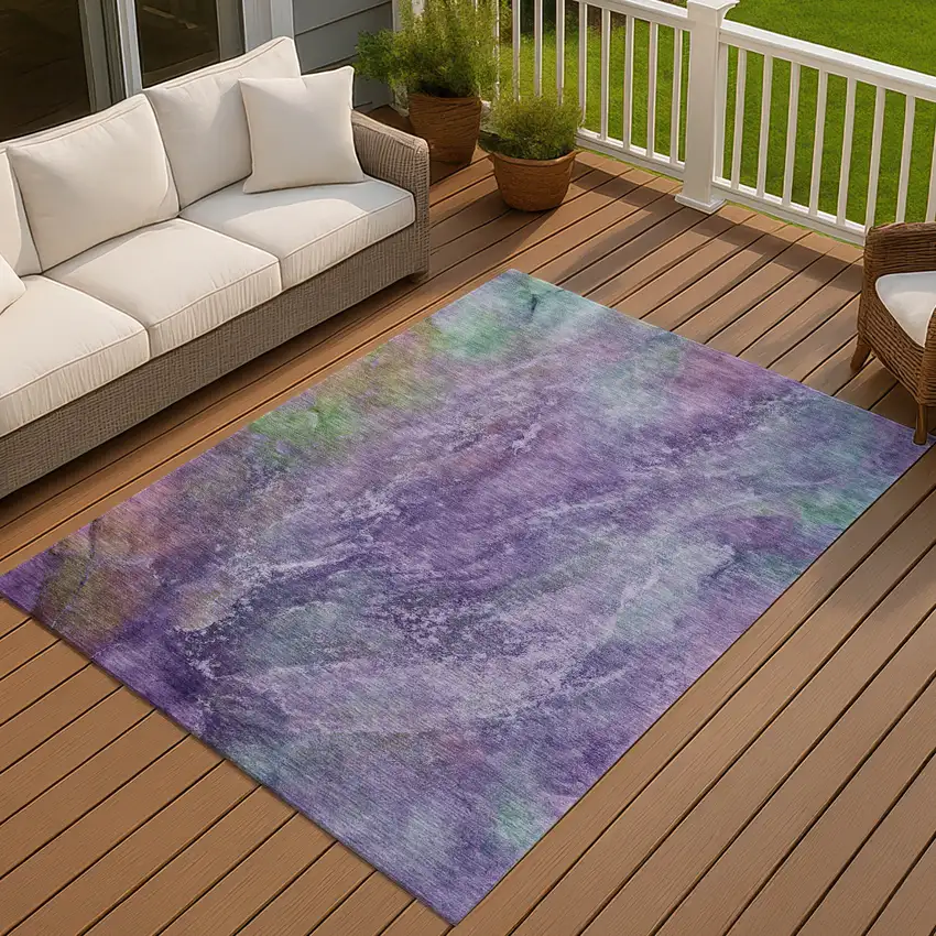 Purple And Green Abstract Washable Indoor Outdoor Area Rug Photo 8
