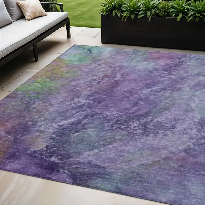 Purple And Green Abstract Washable Indoor Outdoor Area Rug Photo 1