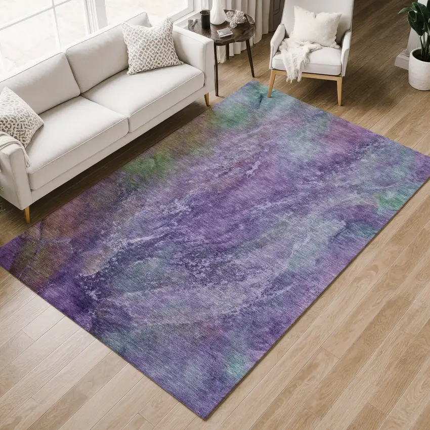 Purple And Green Abstract Washable Indoor Outdoor Area Rug Photo 8