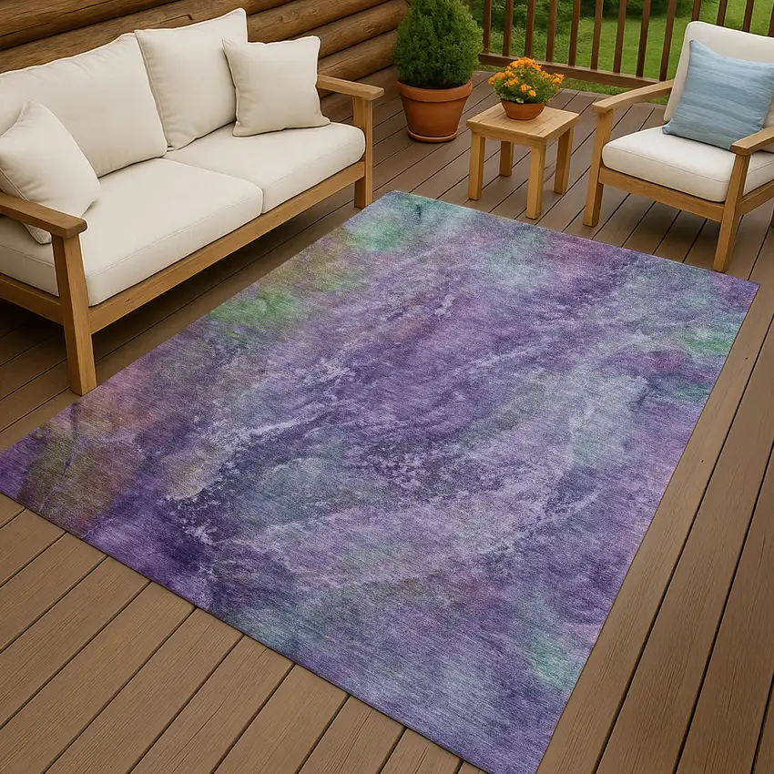 Purple And Green Abstract Washable Indoor Outdoor Area Rug Photo 9