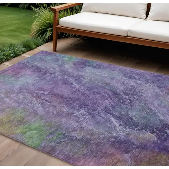 Purple And Green Abstract Washable Indoor Outdoor Area Rug Photo 1
