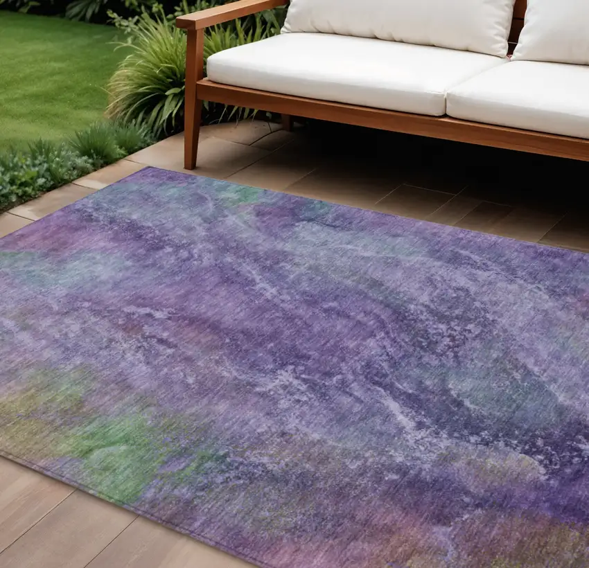 Purple And Green Abstract Washable Indoor Outdoor Area Rug Photo 1