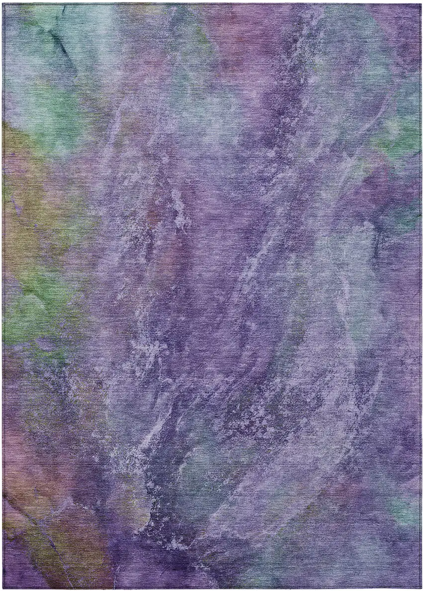 Purple And Green Abstract Washable Indoor Outdoor Area Rug Photo 2