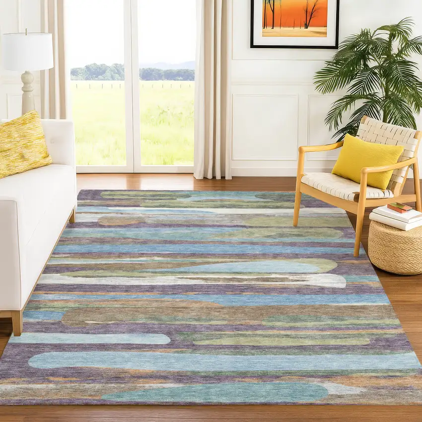 Purple And Green Abstract Washable Indoor Outdoor Area Rug Photo 6