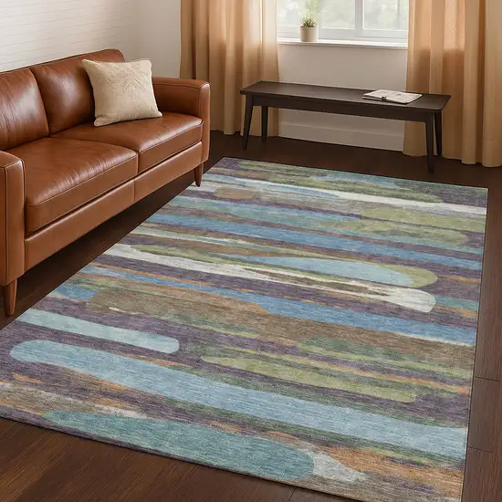 Purple And Green Abstract Washable Indoor Outdoor Area Rug Photo 5
