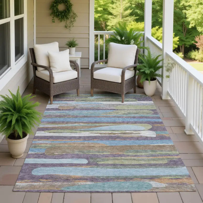 Purple And Green Abstract Washable Indoor Outdoor Area Rug Photo 7