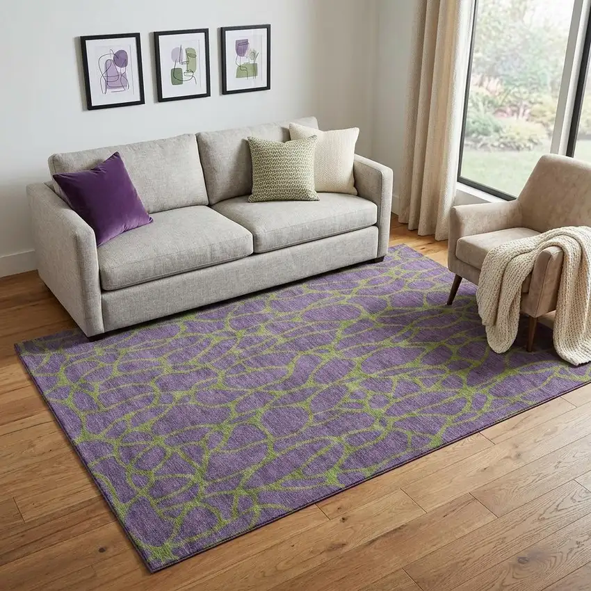 Purple And Green Geometric Washable Area Rug With UV Protection Photo 1