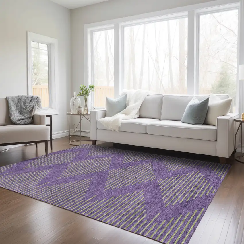 Purple And Green Geometric Washable Indoor Outdoor Area Rug Photo 9