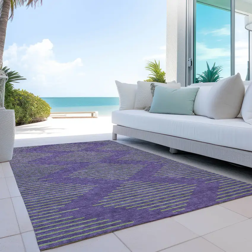 Purple And Green Geometric Washable Indoor Outdoor Area Rug Photo 9