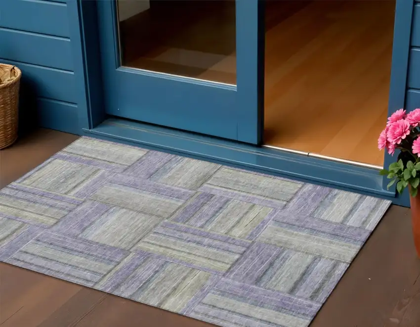 Purple And Green Geometric Washable Indoor Outdoor Area Rug Photo 1