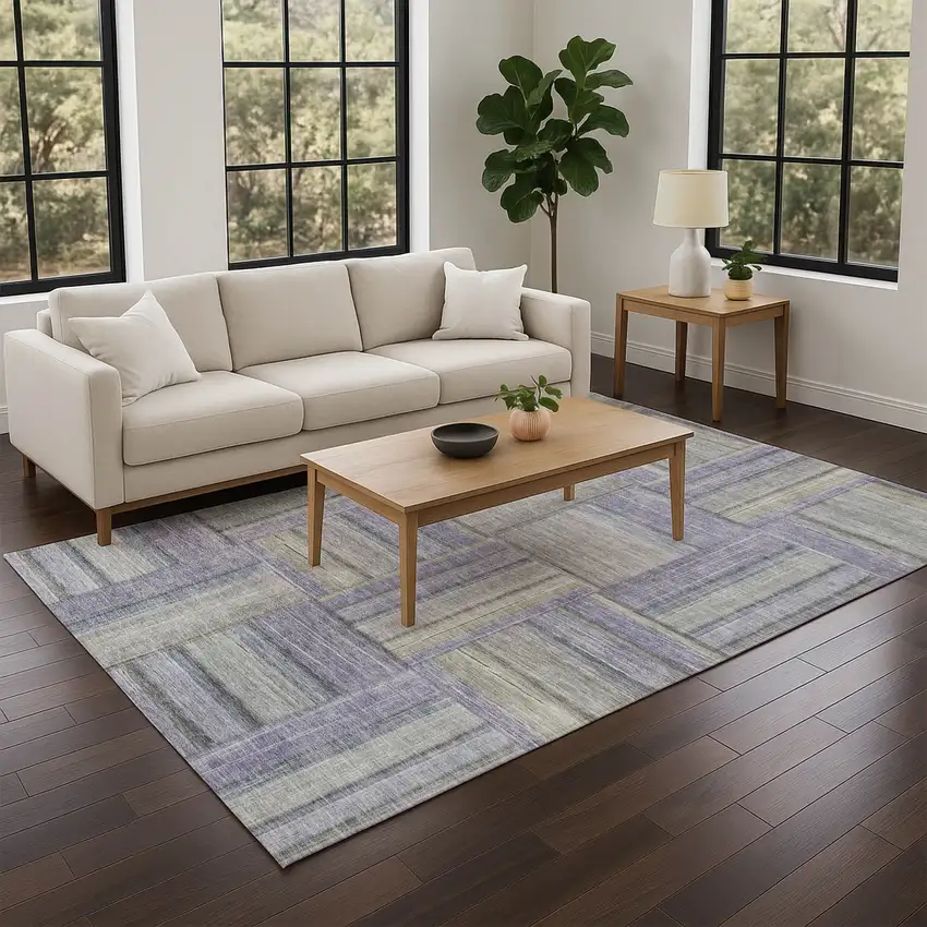 Purple And Green Geometric Washable Indoor Outdoor Area Rug Photo 9