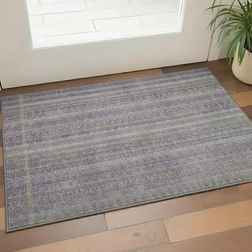 Purple And Green Striped Washable Area Rug With UV Protection Photo 2