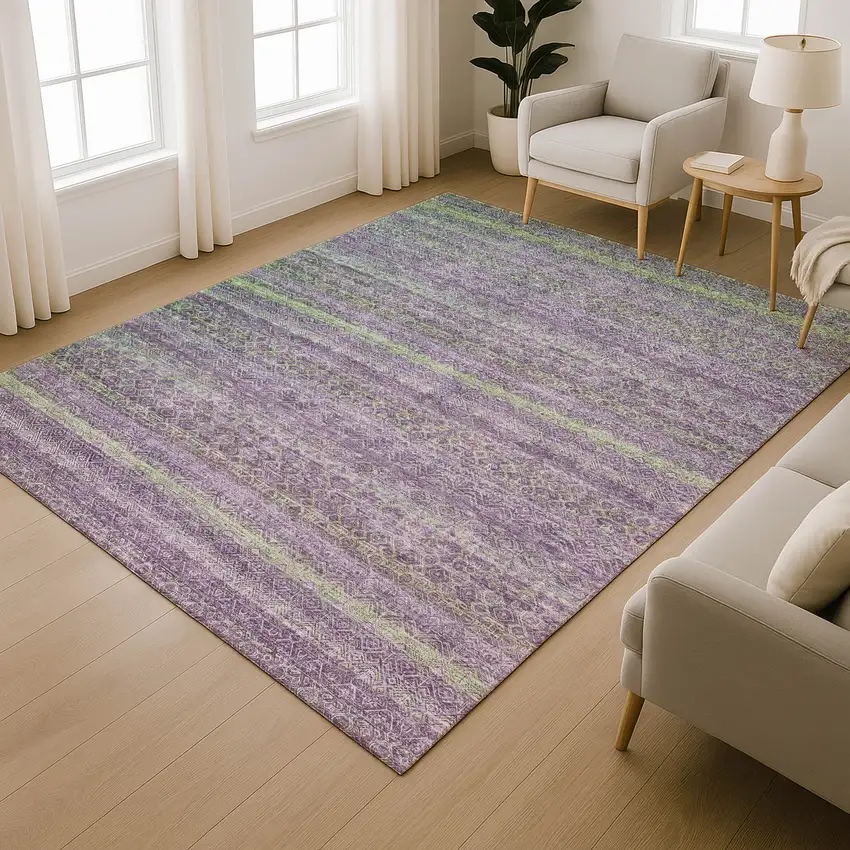 Purple And Green Striped Washable Area Rug With UV Protection Photo 6