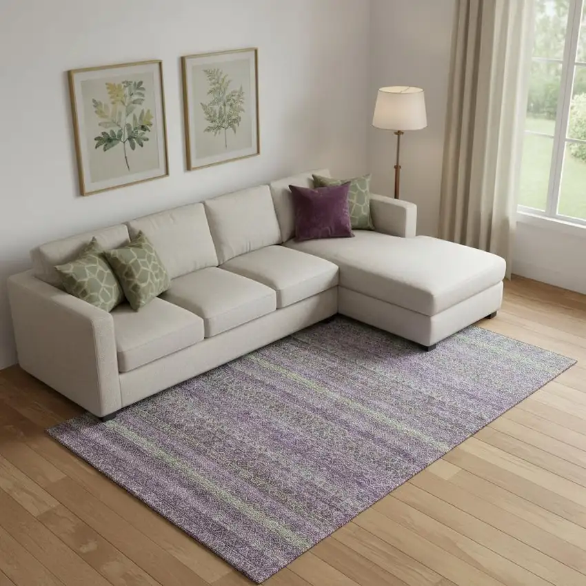 Purple And Green Striped Washable Area Rug With UV Protection Photo 2