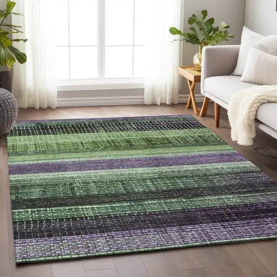 Purple And Green Striped Washable Indoor Outdoor Area Rug Photo 5