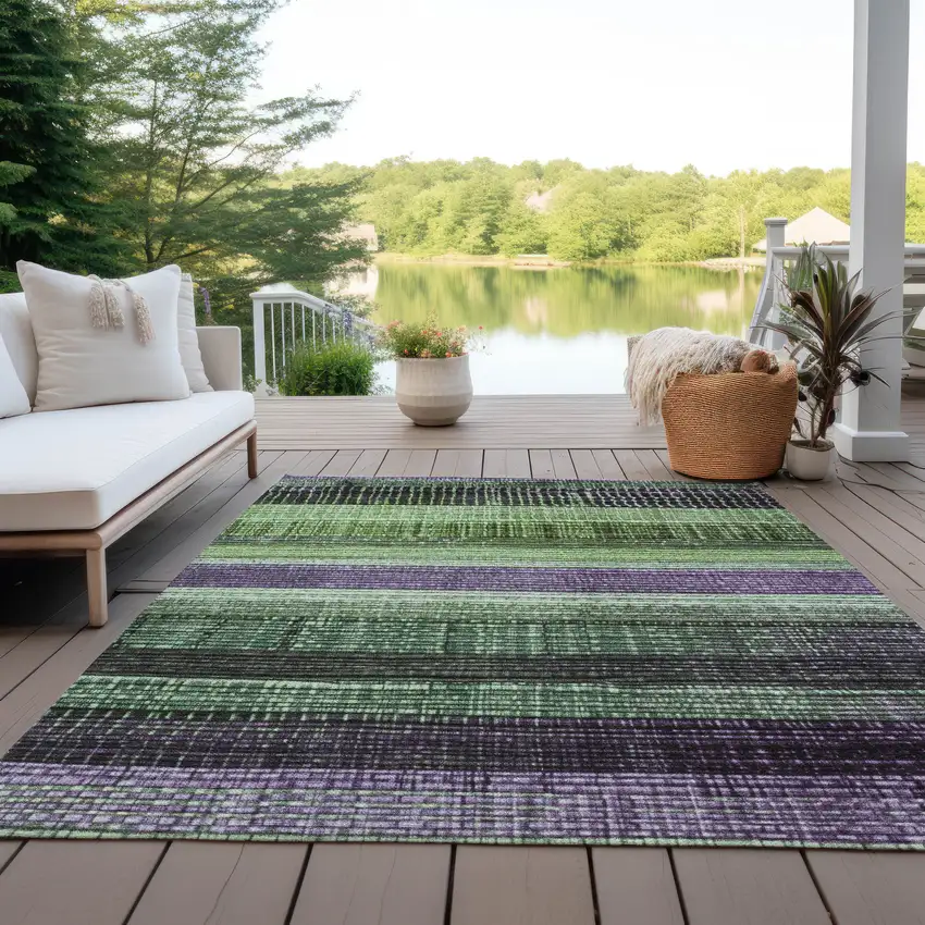 Purple And Green Striped Washable Indoor Outdoor Area Rug Photo 4