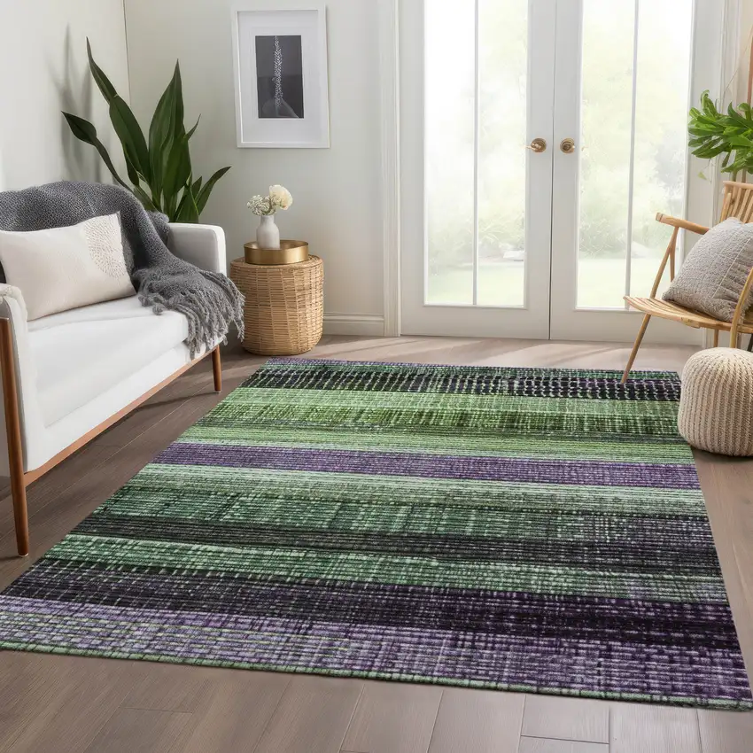 Purple And Green Striped Washable Indoor Outdoor Area Rug Photo 6