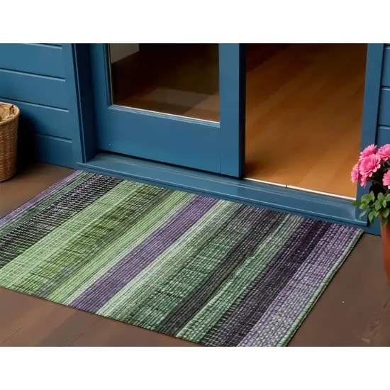 Purple And Green Striped Washable Indoor Outdoor Area Rug Photo 2