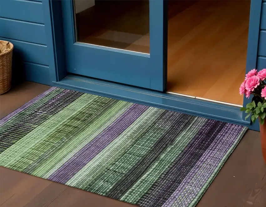 Purple And Green Striped Washable Indoor Outdoor Area Rug Photo 2